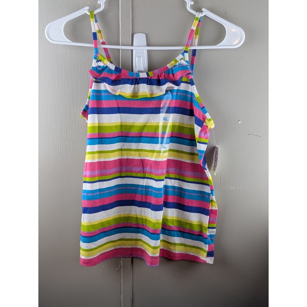 The Childrens Place Girls XL 14 Cami Top Ruffle Neck Rainbow Stripe Sleeveless